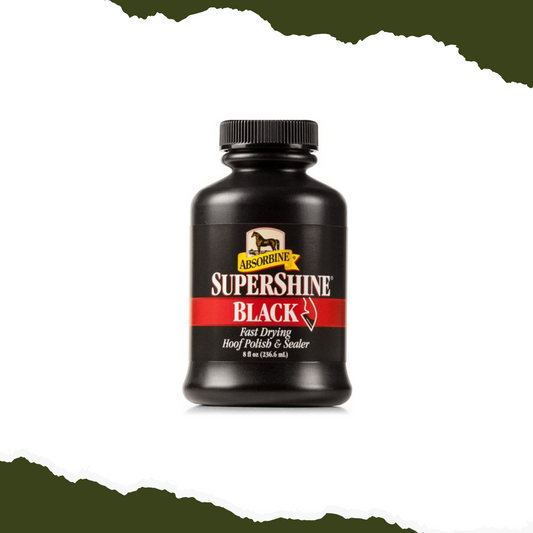 A bottle of Elite Global - Absorbine SUPERSHINE POLISH on a white background, perfect for enhancing the shine of equine/horse hair.