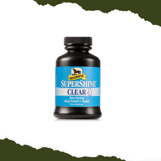 A bottle of Absorbine Supershine Clear herbal supplement by Elite Global on a white background.