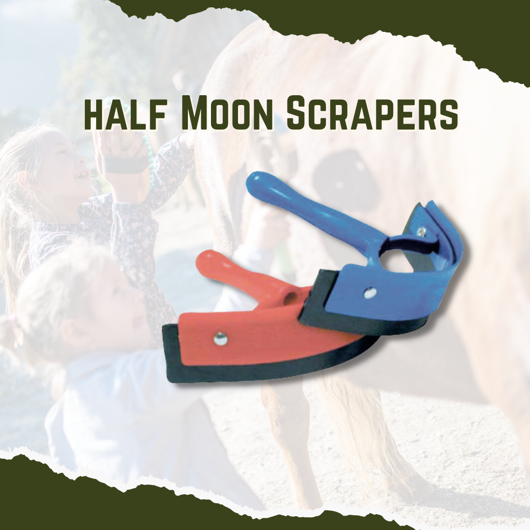Experience maximum comfort and performance with our Half Moon Scrapers! Durably made from plastic and rubber, these scrapers are perfect for removing sweat and hair from horses, giving them the perfect finish. Available in red and blue, get yours now and make grooming a breeze!