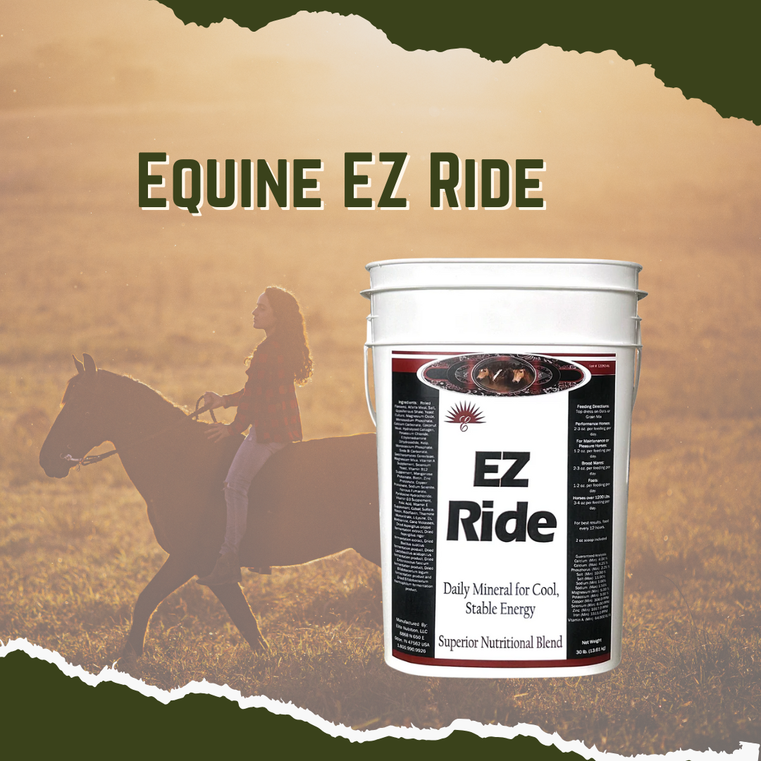 A container of Equine EZ Ride daily nutritional blend for horses, with an image of a person riding a horse in the background.