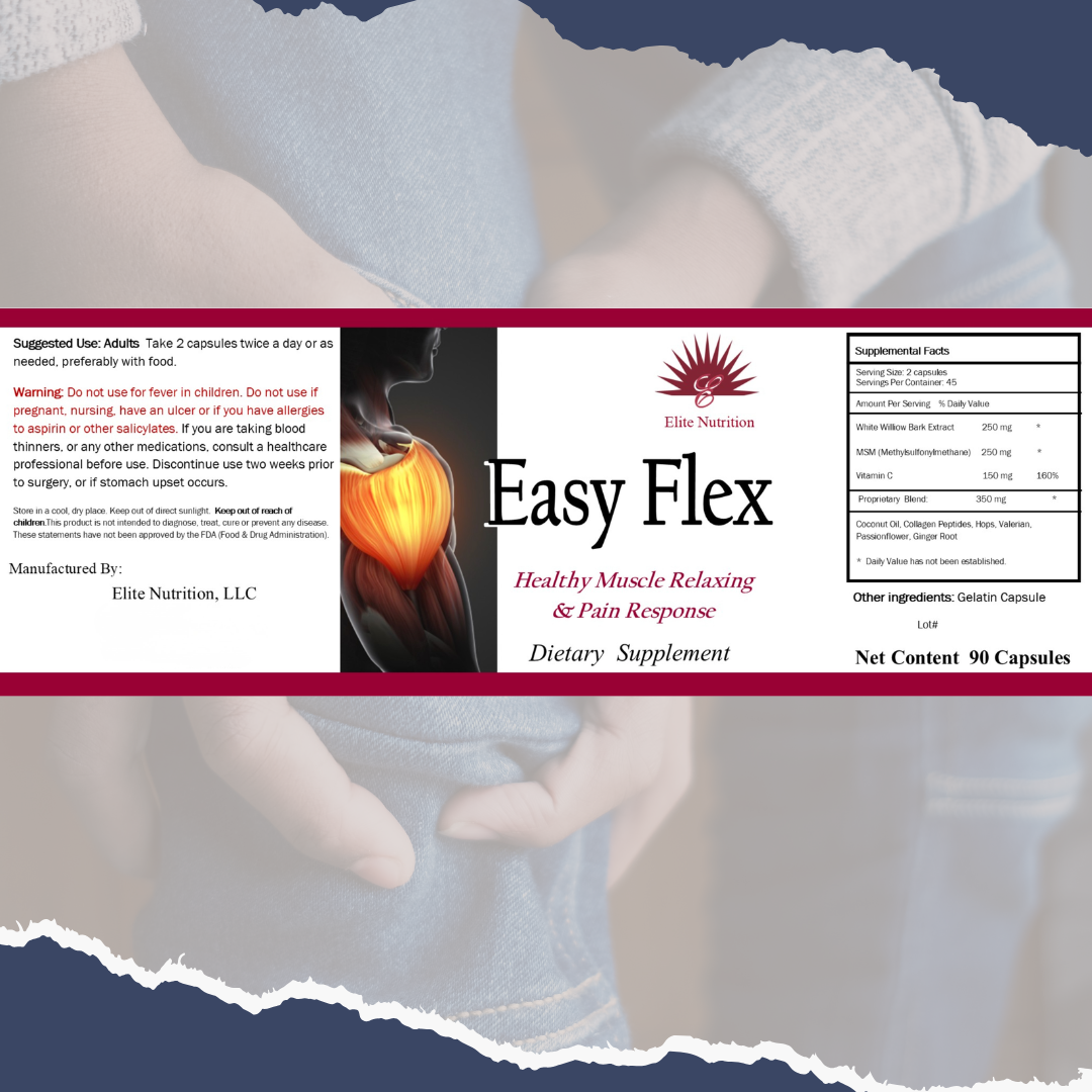 Dietary supplement package for 'Easy Flex' with a hand holding a glowing orange object.