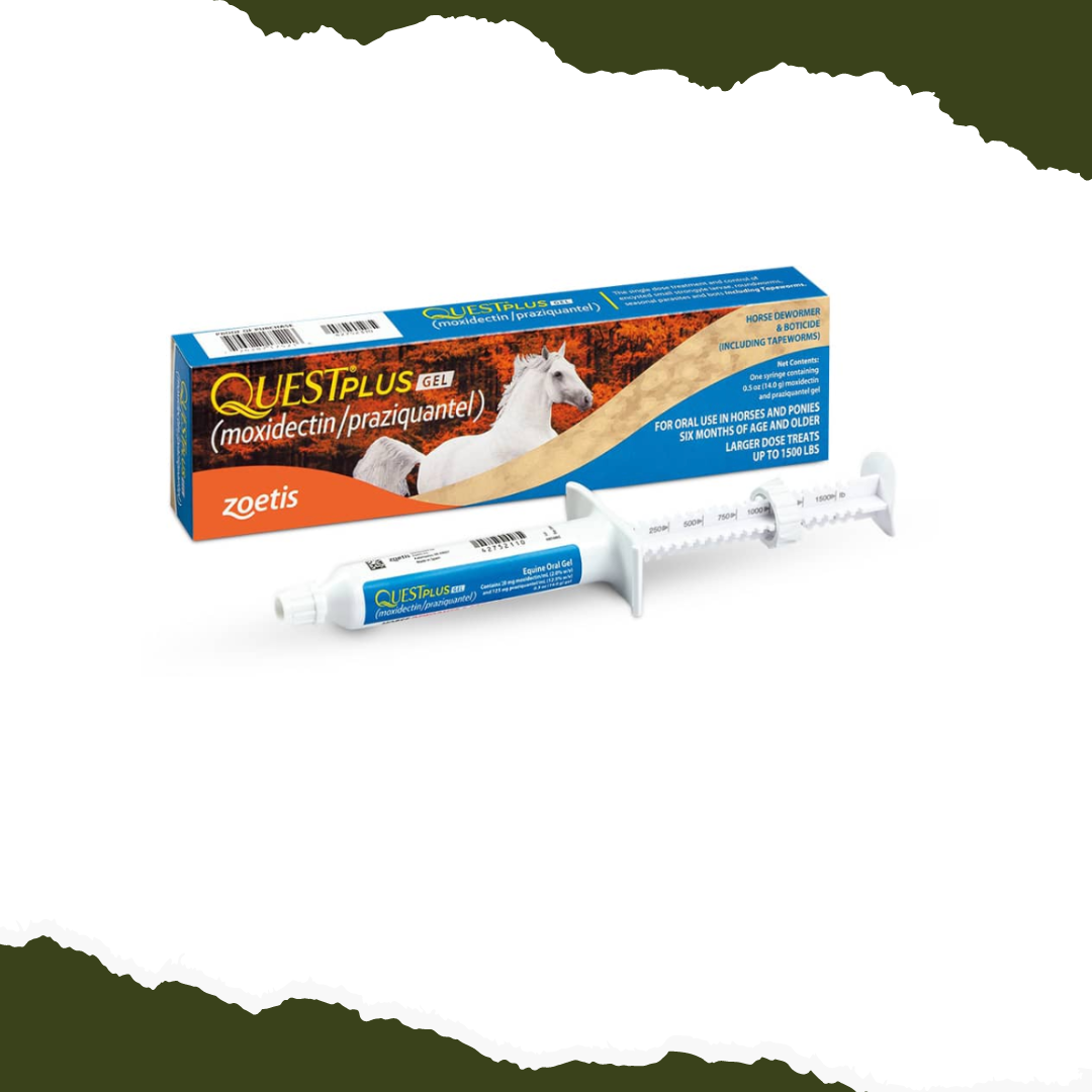 Broad-spectrum dewormer targets tapeworms, encysted small strongyle larvae and bots, large strongyles, roundworms, pinworms, hairworms and stomach worms. Contains 2 active ingredients—moxidectin and praziquntel. Gel formula dissolves on the tongue to make deworming easier. One syringe treats a horse up to 1,500 pounds. Approved for use in breeding mares and stallions.