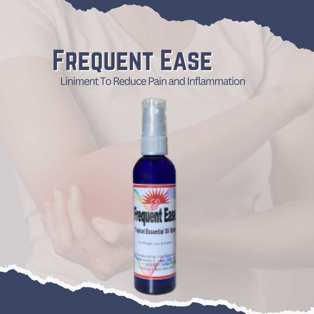 Feeling stiff and achy? Reduce pain and inflammation with Frequent Ease – Liniment. Our formulation uses topically-applied magnesium oil and the soothing, natural aromas of Frankincense, Blue Tansy, and Spruce to help restore healthy soft tissue and nerve function. Take charge of your body – give it the relief it needs with Frequent Ease!