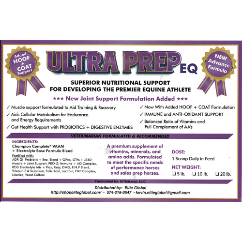 Experience unparalleled nutritional support with Ultra Prep EQ. This veterinarian-formulated supplement aids in developing premier equine athletes by supporting muscle and joint health, gut health with probiotics and digestive enzymes, and providing a balanced ratio of vitamins and amino acids. Plus, a new joint support formulation has been added for even greater results!