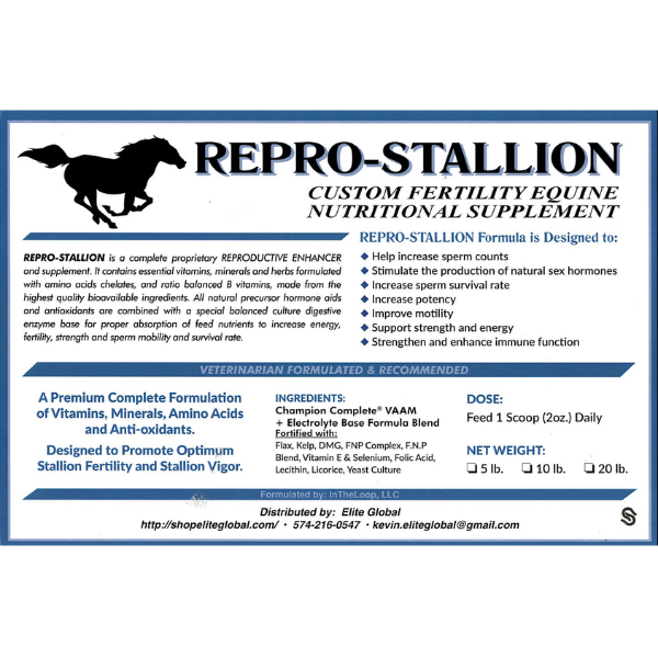 Boost your horse's reproductive health and performance with REPRO-STALLION, a complete and high-quality supplement. This proprietary blend of essential vitamins, minerals, and herbs, along with amino acid chelates and balanced B vitamins, enhances energy, fertility, and strength. Its all-natural hormone aids and antioxidants, combined with digestive enzymes, ensure proper absorption for maximum benefits.