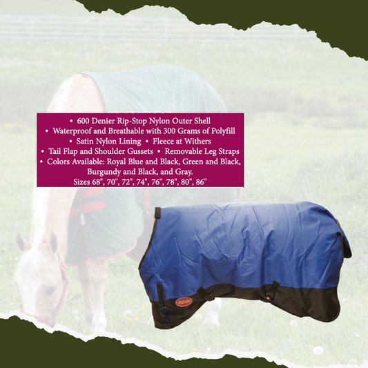 An Elite Global 600 Denier Turnout Horse Blanket-horse is standing in a field with a blanket on it.