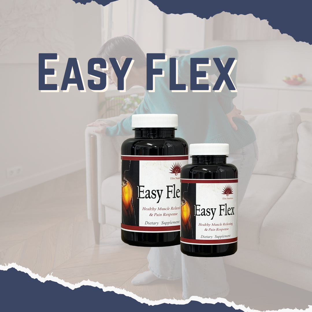 Two bottles of Easy Flex dietary supplements on a blurred background with a person sitting on a couch.