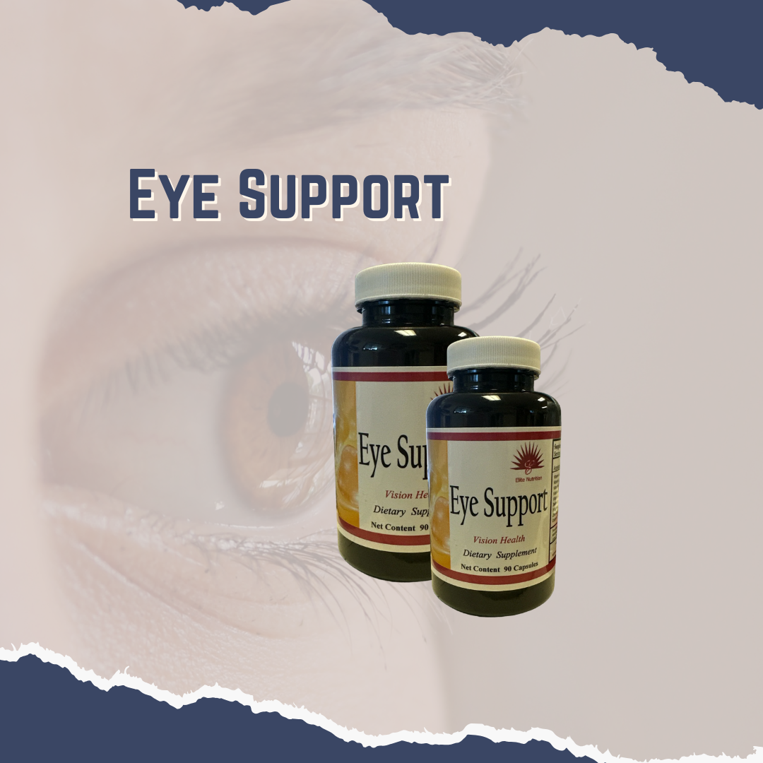Two bottles of 'Eye Support' dietary supplements with a background featuring a close-up of an eye.
