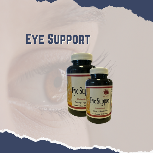 Two bottles of 'Eye Support' dietary supplements with a background featuring a close-up of an eye.