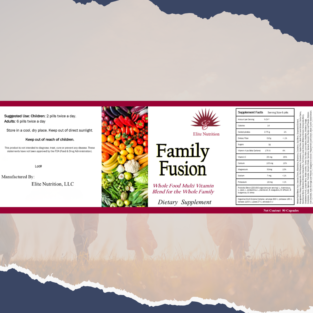 Dietary supplement package labeled 'Family Fusion' with colorful vegetables on a blue and beige background.