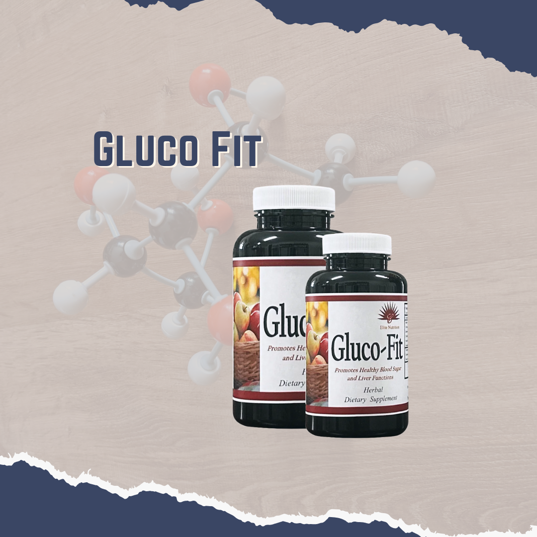 Two bottles of Gluco Fit supplement with a分子 structure background, indicating the product's focus on health and fitness.