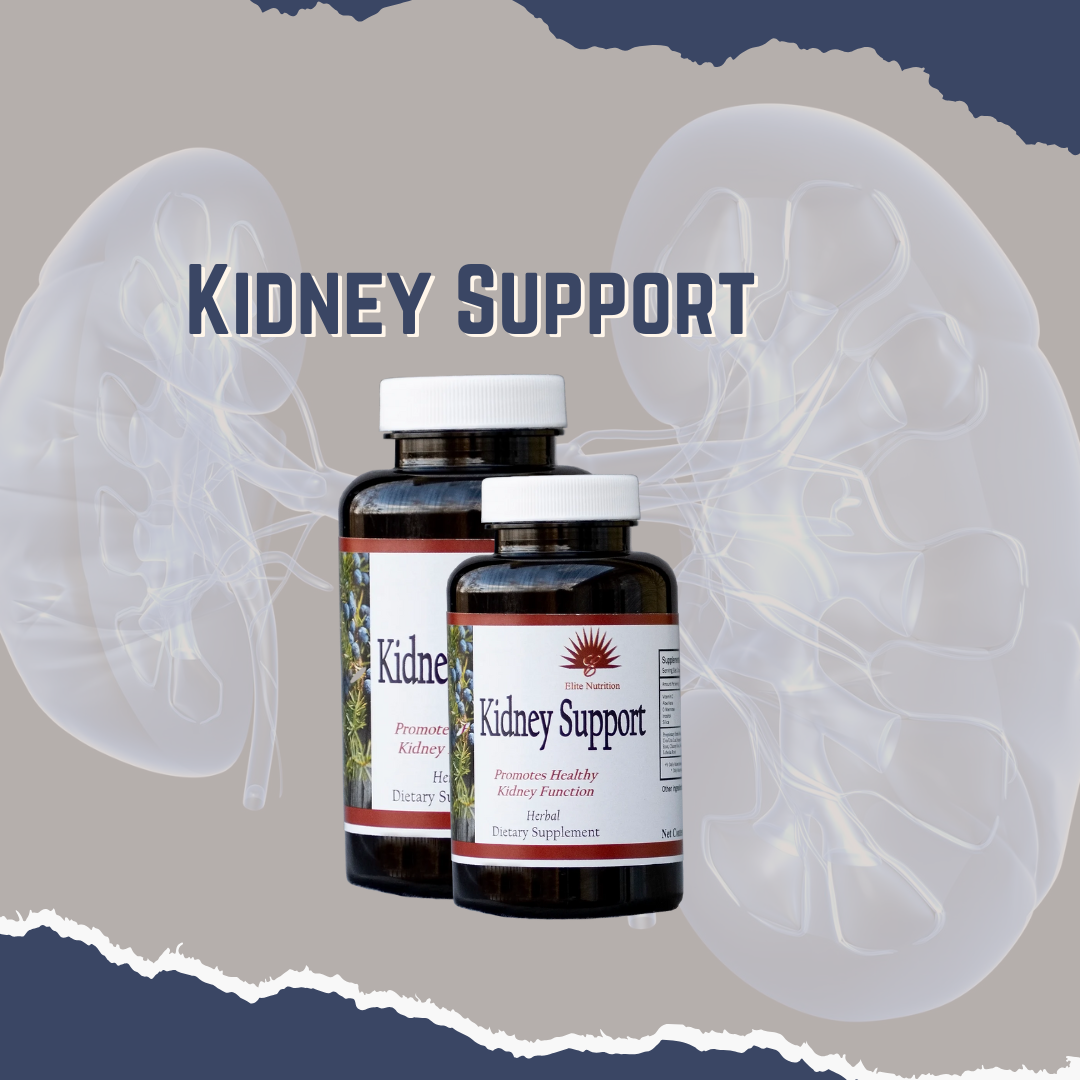 Two bottles of kidney support supplement with a graphical representation of the kidneys in the background.