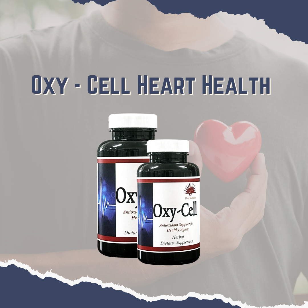 Two bottles of Oxy - Cell Heart Health supplement, with a graphic of a heart and a propeller suggesting the product's focus on cardiovascular health.