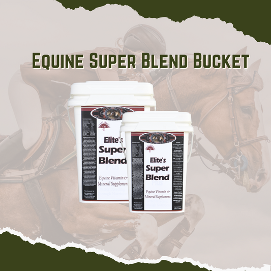 Two containers of 'Equine Super Blend' horse supplement, with a background featuring a horse and rider.