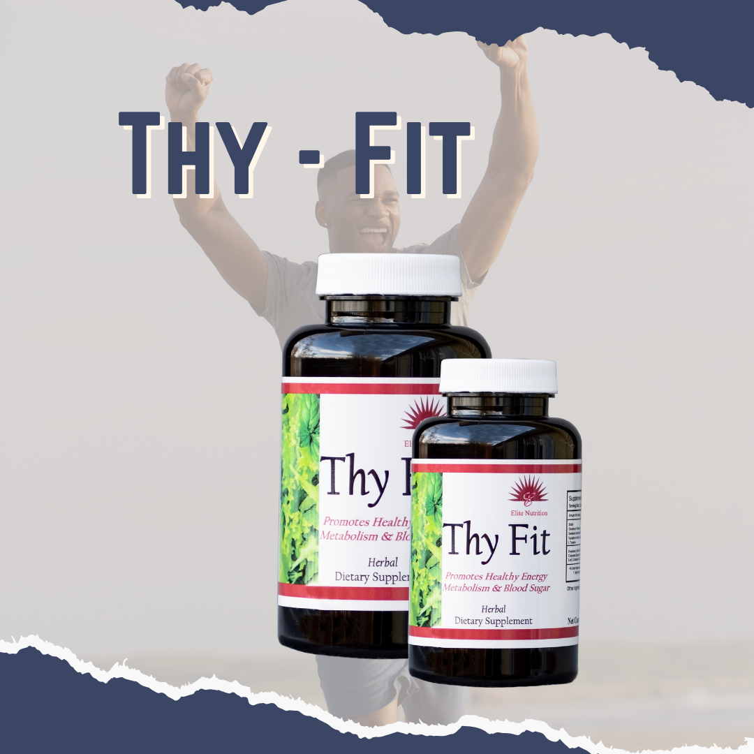 Two bottles of Thy-Fit thyroid support supplement, with a graphical background featuring a person with raised hands and the text 'THY - FIT'.