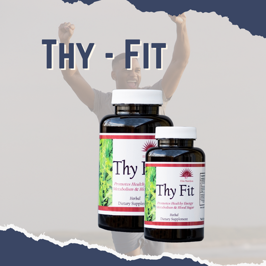 Two bottles of Thy-Fit thyroid support supplement, with a graphical background featuring a person with raised hands and the text 'THY - FIT'.