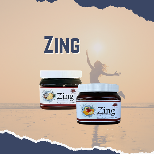 Two jars of 'Zing - Energy & Electrolytes' supplement powder with a graphic of a person jumping joyfully in the background, suggesting energy and vitality.