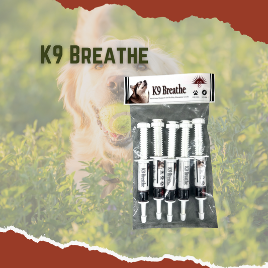 Packaging of K9 Breathe with a background image of a dog; the product is a tube supplement for dogs' allergies or breathing issues.