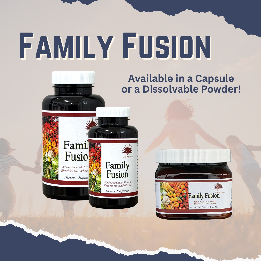 Family Fusion dietary supplement products with text about availability in capsules and powder on a abstract background.