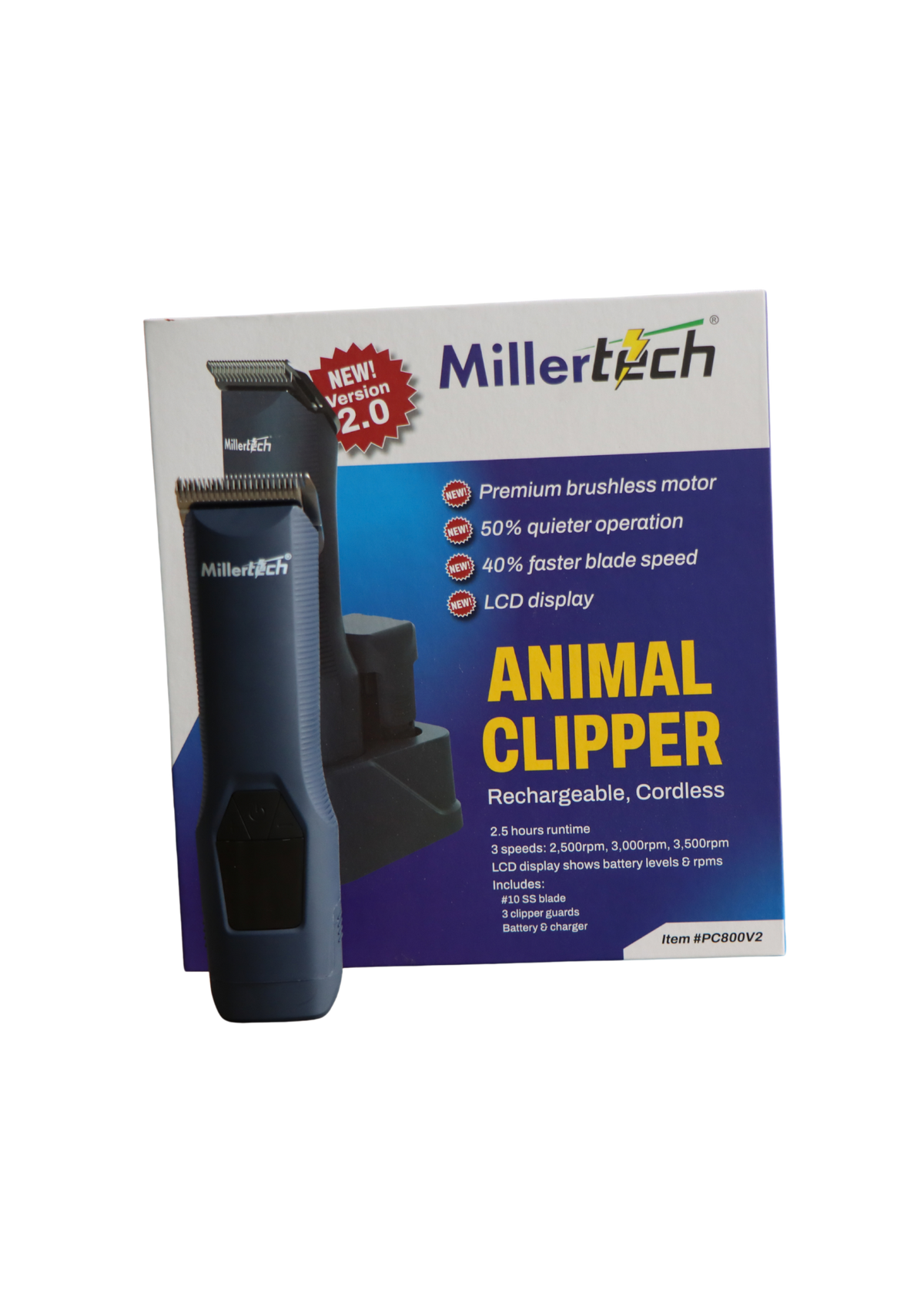 A Millertech Animal Clipper shown standing in front of its retail packaging box. The clipper is dark gray/black with a visible Millertech logo, and the box is white and blue with product feature callouts and a red 'NEW VERSION 2.