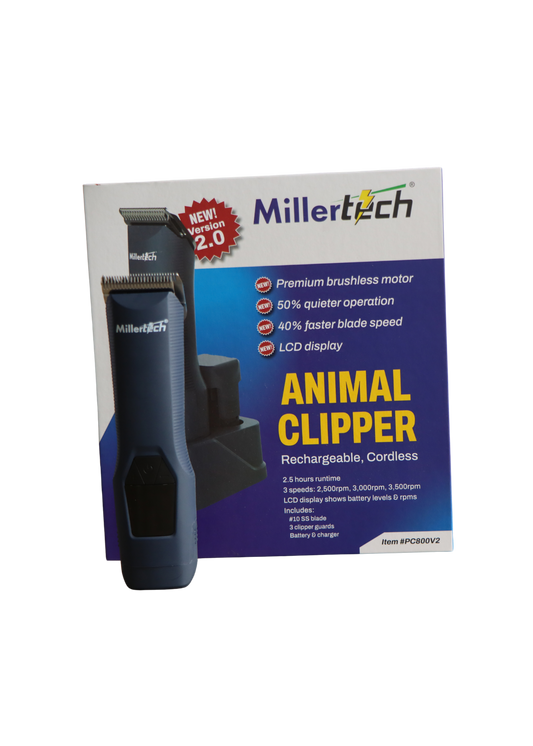 A Millertech Animal Clipper shown standing in front of its retail packaging box. The clipper is dark gray/black with a visible Millertech logo, and the box is white and blue with product feature callouts and a red 'NEW VERSION 2.