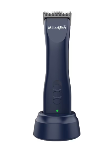 Navy blue MillerTech grooming tool on a white background