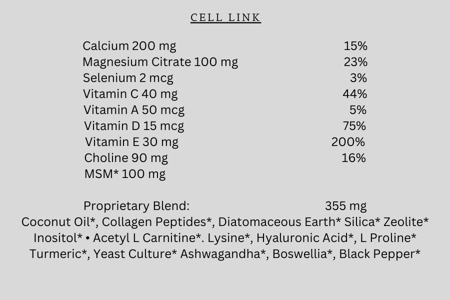 An Elite Global canine supplement table displaying Cell Link - Support For Healthy Blood Cells herbal ingredients.