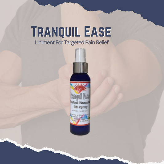 4 Oz Spray  Experience the natural power of Tranquil Ease - the premium liniment for targeted relief of injuries and discomfort. Our blend of Magnesium Oil, Lavender, Peppermint, and Eucalyptus oils work together to comfort and soothe your body, delivering fast and effective relief. Try it today and see for yourself!