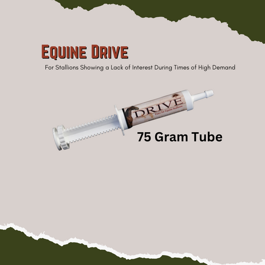 Size: 75 Gram Tube  Equine-Drive is an herbal supplement specifically formulated for stallions that may be showing a lack of interest or during times of high demand.