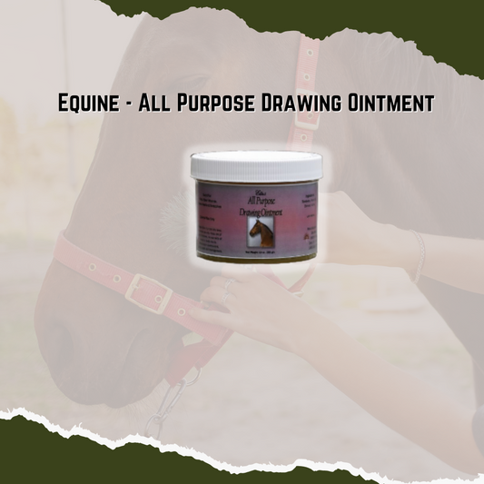 Size 10 Ounce Container  This Equine All Purpose Drawing Ointment is an all-natural topical treatment designed for use on wounds, abscesses, or infections .Carefully formulated with natural ingredients including beeswax, rosin oil, and bovine iodine.