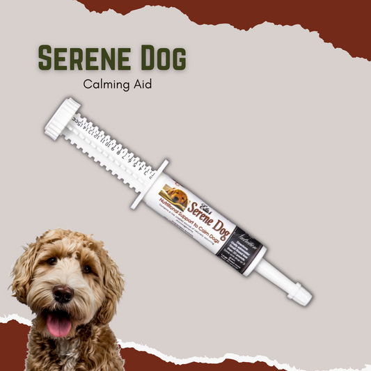 2 Gram Tube - Single  From puppies to adults, all dog suffer from a little ( or maybe a lot? ) of anxiety or nervousness.. Give our "Serene Dog" a try!   Calming herbs soothe Eases nervousness and agitation For use during times of stress or whelping Help post C-section mamas relax Probiotic and Prebiotic to calm the gastrointestinal system.